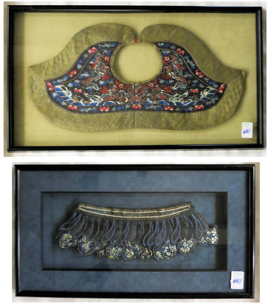 Appraisal: TWO INDIVIDUALLY FRAMED CHINESE EMBROIDERED COLLARS Overall frame dimensions x