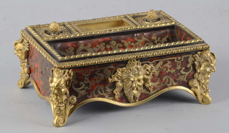 Appraisal: French Boulle Antique Inkwell This desktop inkwell features tortoiseshell veneer