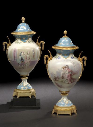 Appraisal: Large Pair of French Gilt-Brass-Mounted Porcelain Covered Two-Handled Garniture Vases