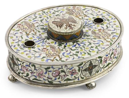 Appraisal: A Russian silver-gilt and shaded cloisonn enamel inkwell Faberg Moscow