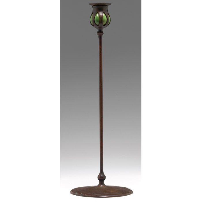 Appraisal: Tiffany Studios candlestick bronze with green favrile glass at top