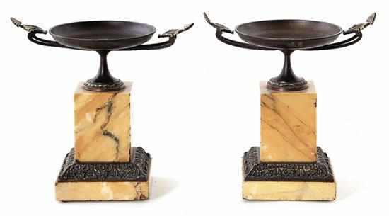 Appraisal: Pair French bronze and marble tazzas th century Classical tazza