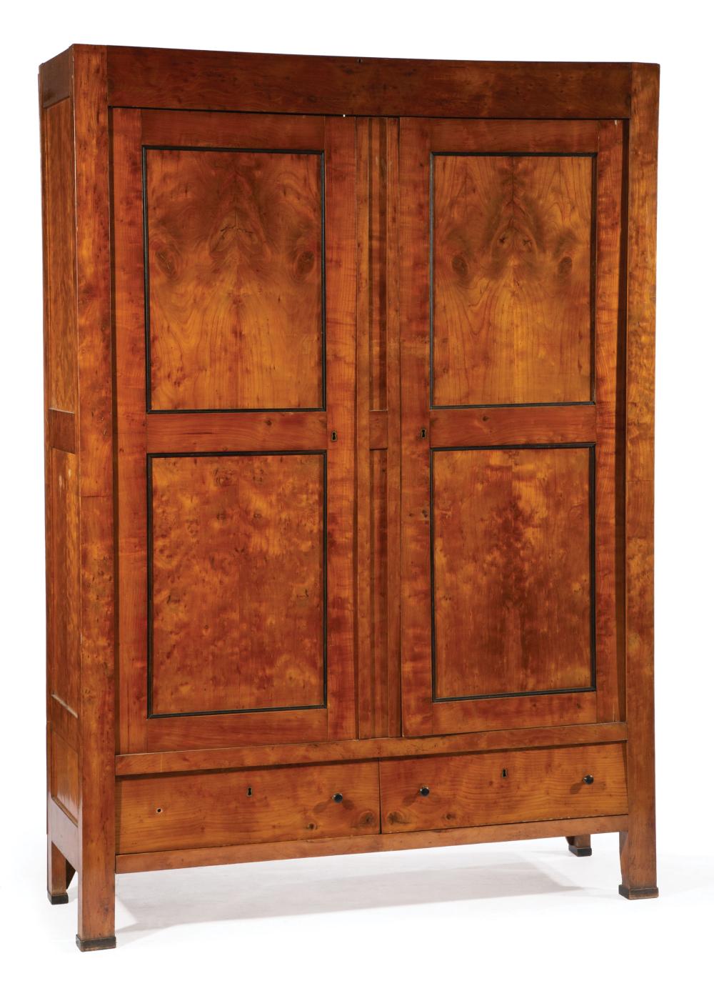 Appraisal: Continental Figured Birch Armoire th c paneled doors with ebonized