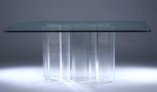 Appraisal: JEFFREY BIGELOW GLASS-TOP AND LUCITE PEDESTAL TABLE th century Rectangular