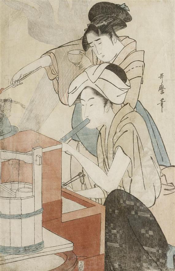 Appraisal: KITAGAWA UTAMARO - ban tate-e Part of the diptych Daidokoro