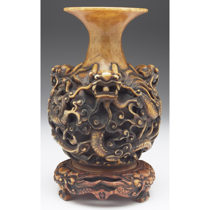 Appraisal: Chinese vase and stand c amber-colored soapstone with elaborately carved