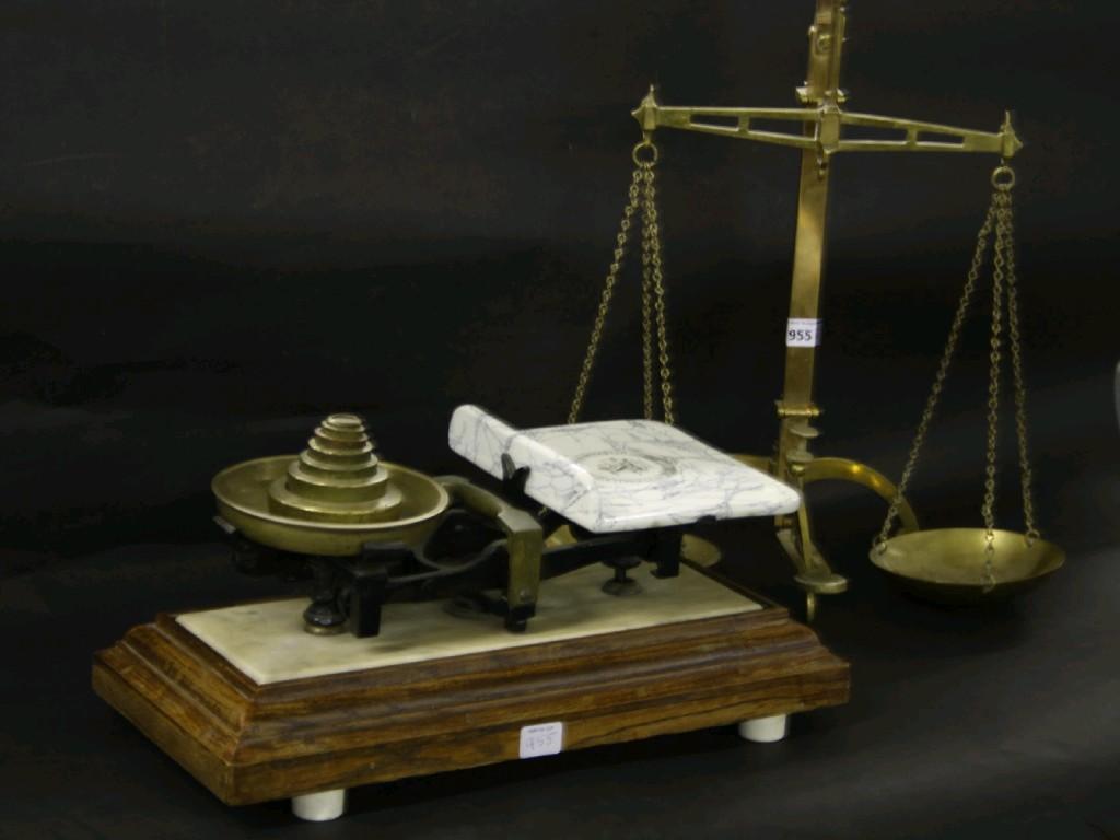 Appraisal: William Parnall Co grocer's weighing scales the marbled pottery pan