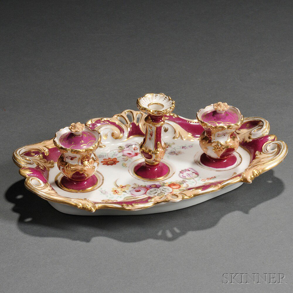 Appraisal: Limoges Porcelain Desk Set France th century the ovoid tray