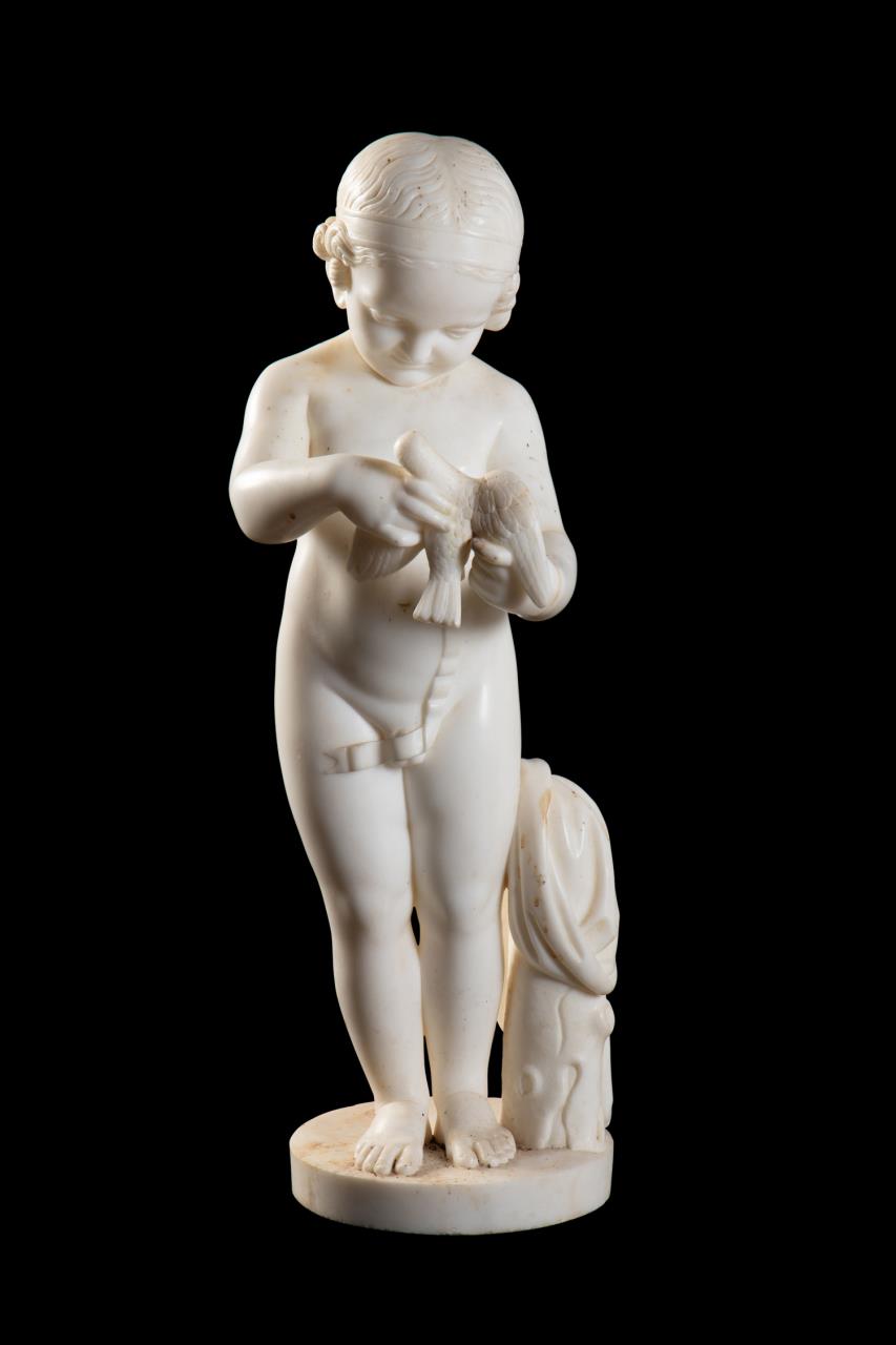 Appraisal: BOY WITH BIRD CARVED MARBLE SCULPTURE Boy with bird carved