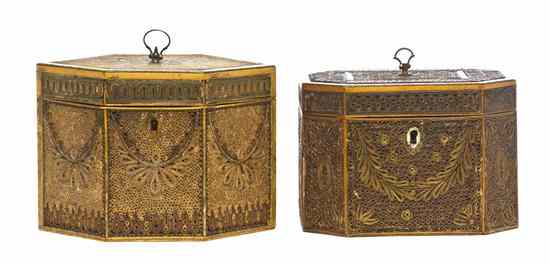 Appraisal: Two George III Rolled Paper Tea Caddies one of hexagonal