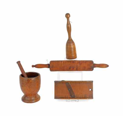 Appraisal: Three tiger maple kitchen articles th c to include a