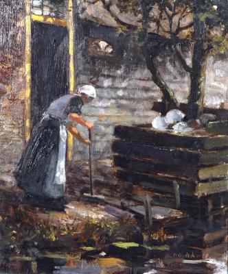 Appraisal: H G DE KORTE Woman Sweeping a Pathway signed on