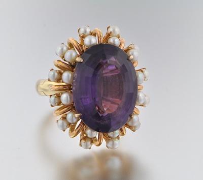 Appraisal: An Amethyst and Pearl Cocktail Ring k yellow gold mounting