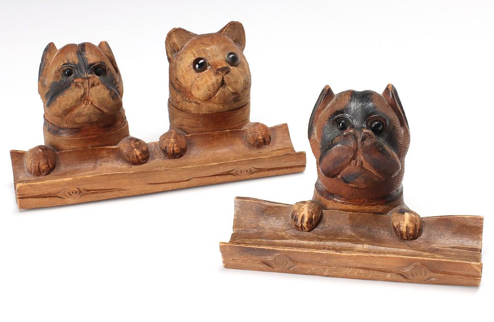 Appraisal: TWO DOG HEAD FIGURAL CARVED WOOD INK WELL PEN HOLDERS