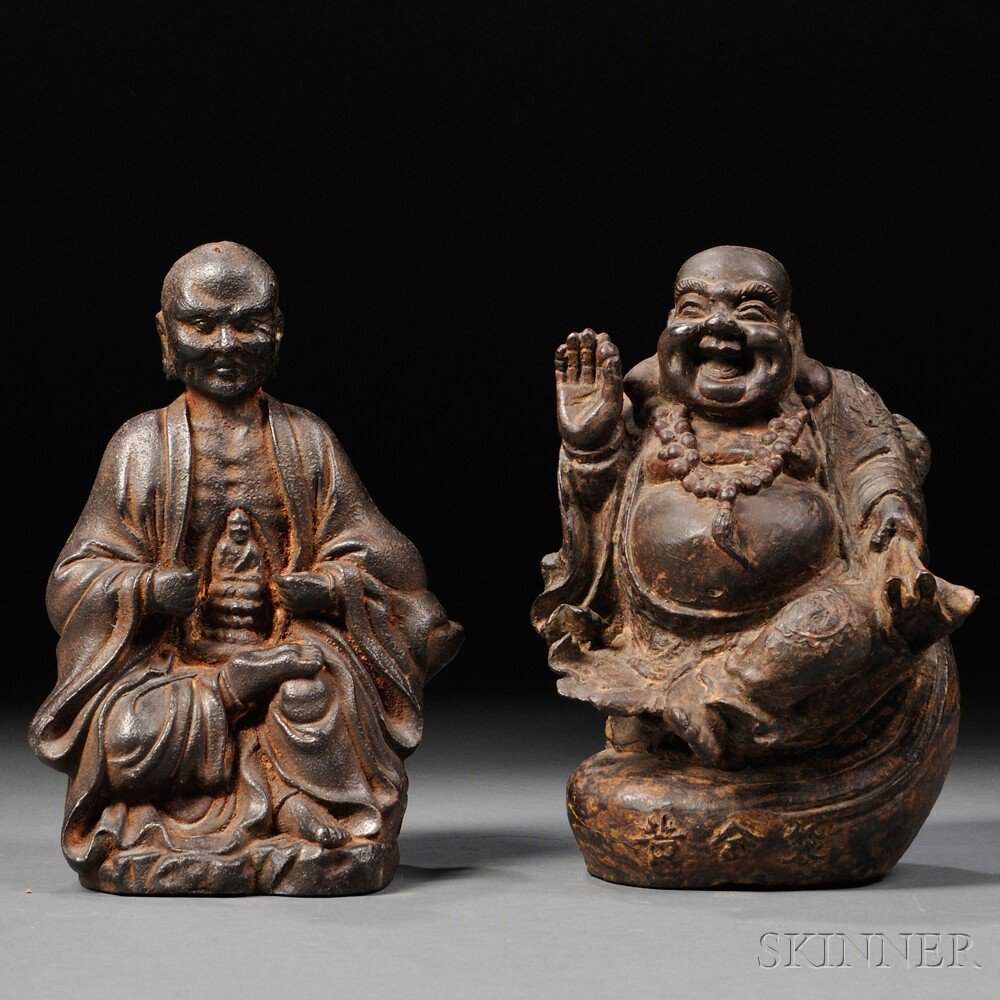 Appraisal: Two Bronze Figures of Luohan China a seated Gobaka depicting