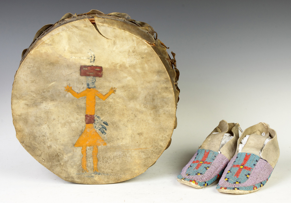 Appraisal: Painted Hide Wood Drum