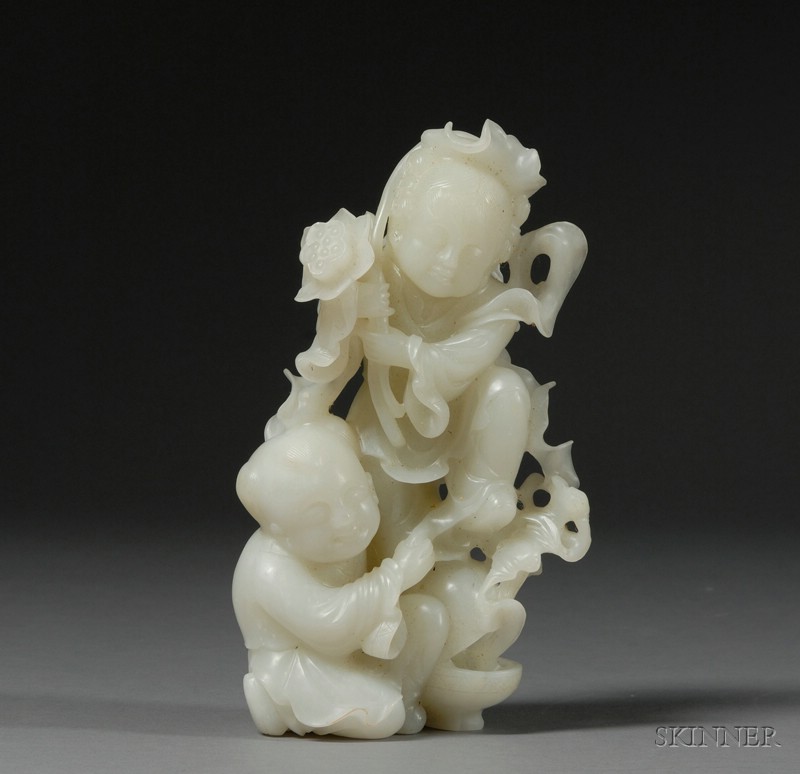 Appraisal: Jade Carving China th century pale greenish-white stone scene of