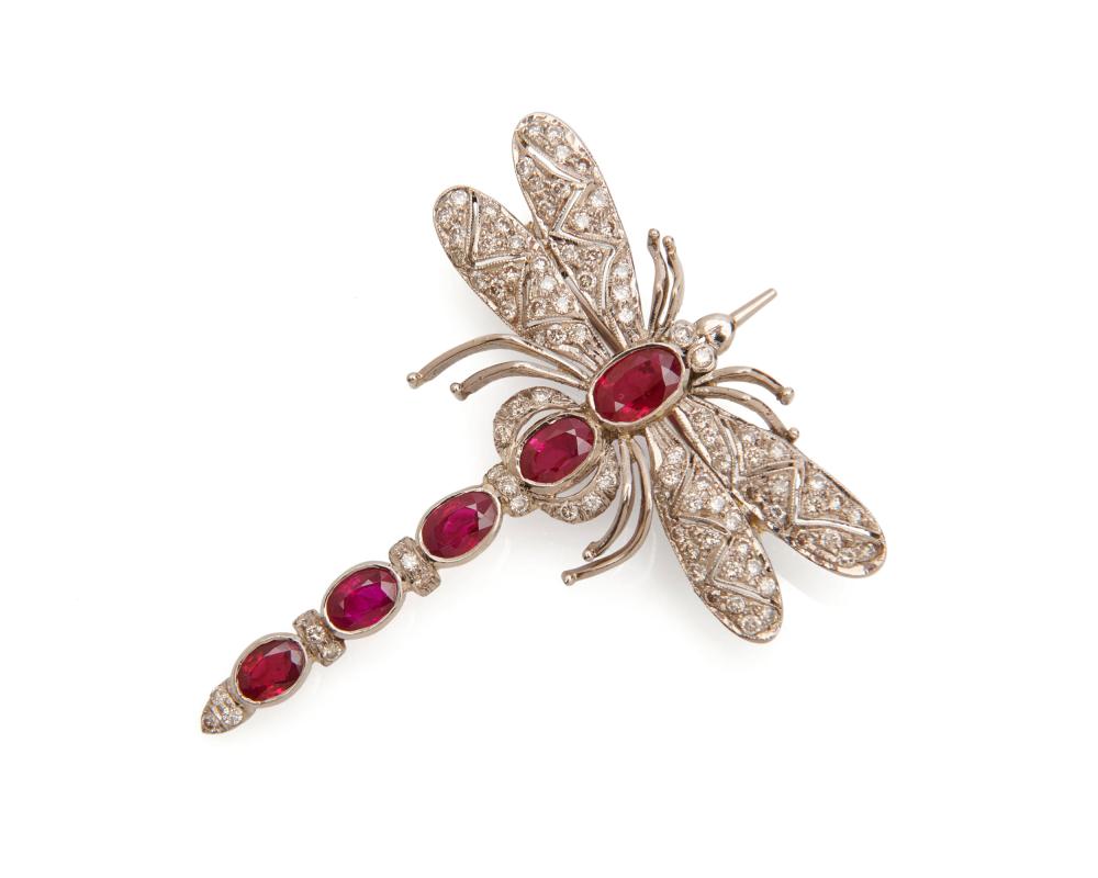 Appraisal: K Gold Ruby and Diamond Brooch the dragonfly brooch featuring