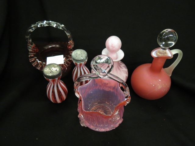 Appraisal: pcs Cranberry Art Glass baskets cruet salt pepper and diamond