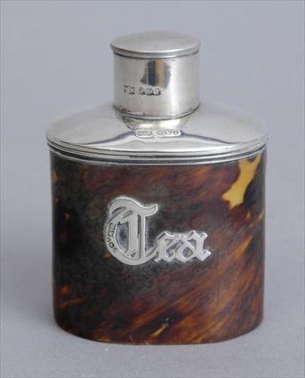 Appraisal: ENGLISH SILVER-MOUNTED TORTOISESHELL-WRAPPED TEA CADDY The silver Mappin Webb Sheffield