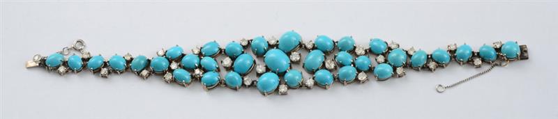 Appraisal: K WHITE GOLD TURQUOISE AND DIAMOND BRACELET Flexible openwork bracelet