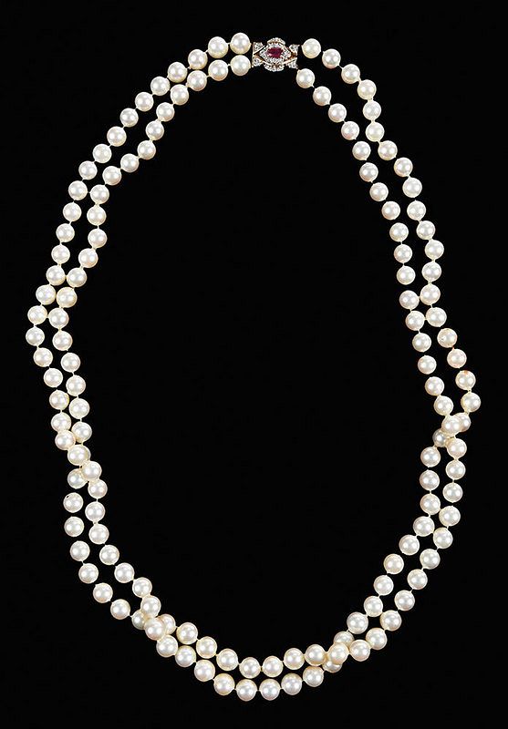 Appraisal: kt Pearl and Gemstone Necklace knotted double strand pearls approx