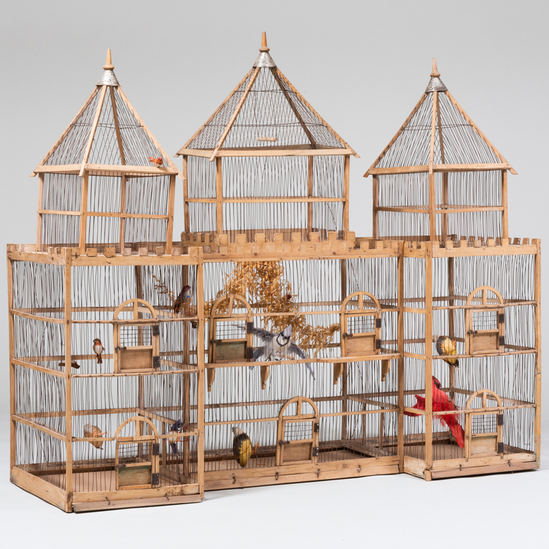 Appraisal: Large Rustic Wood and Wire Crenelated Three Part Bird Cage