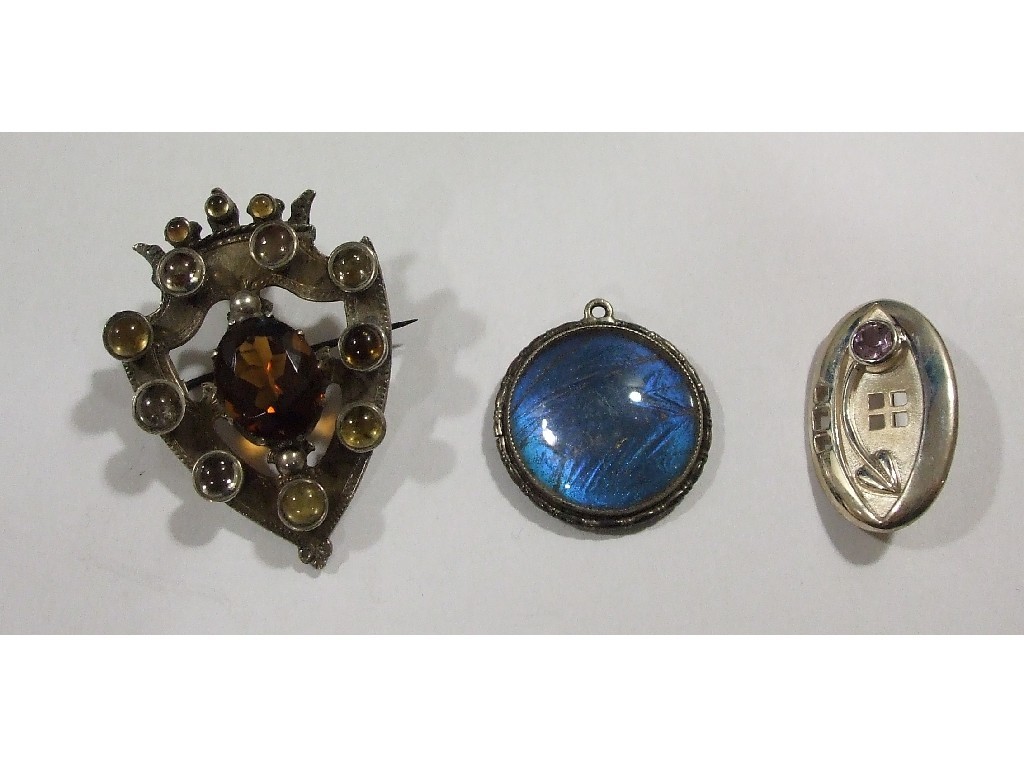 Appraisal: Lot comprising Victorian silver shield shaped brooch with gem insets