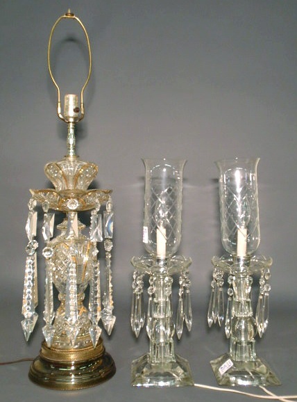 Appraisal: Pair of glass lamps with hurricane shades h and another