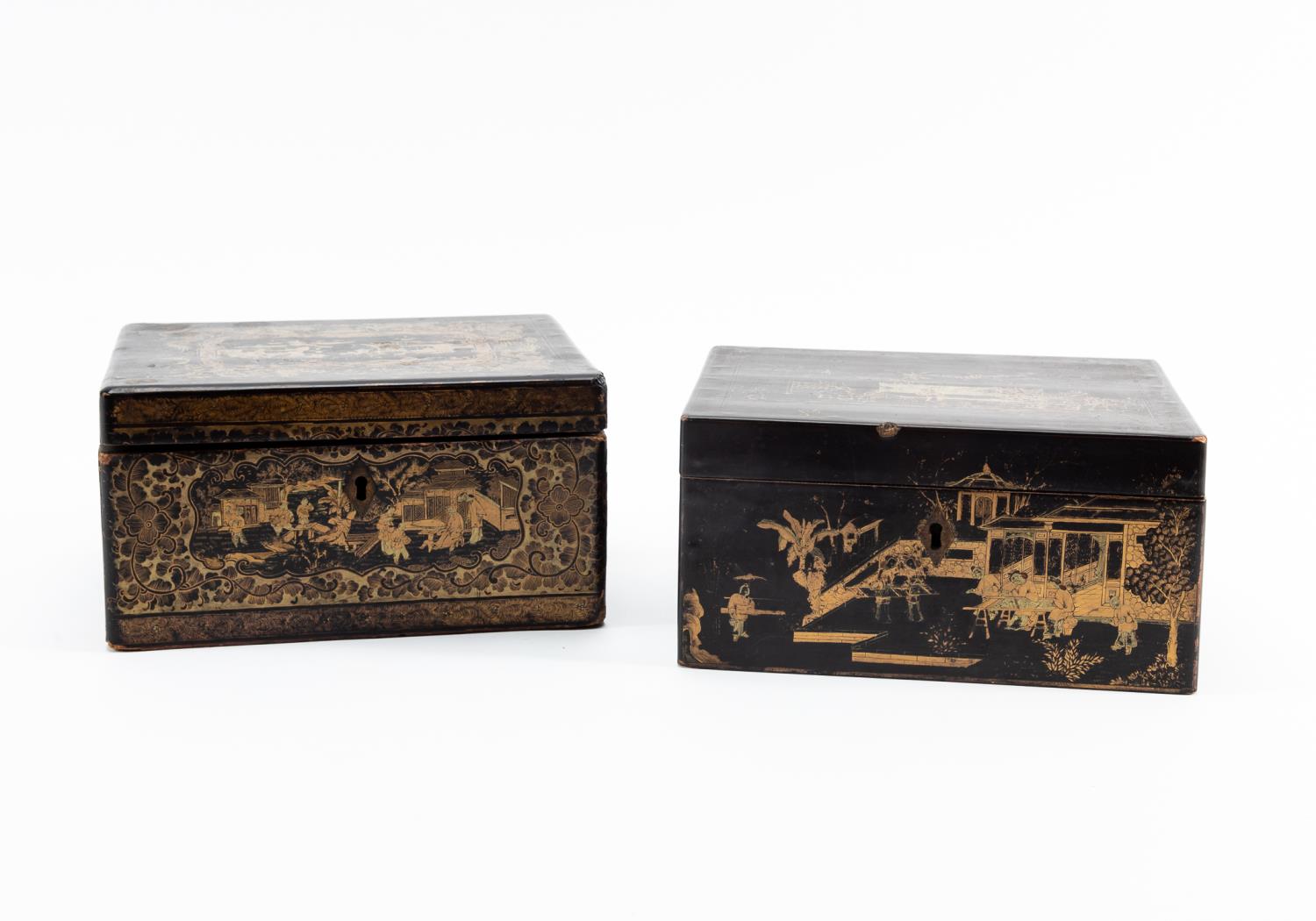 Appraisal: TWO TH C CHINESE BLACK LACQUERED TEA CADDIES Chinese th