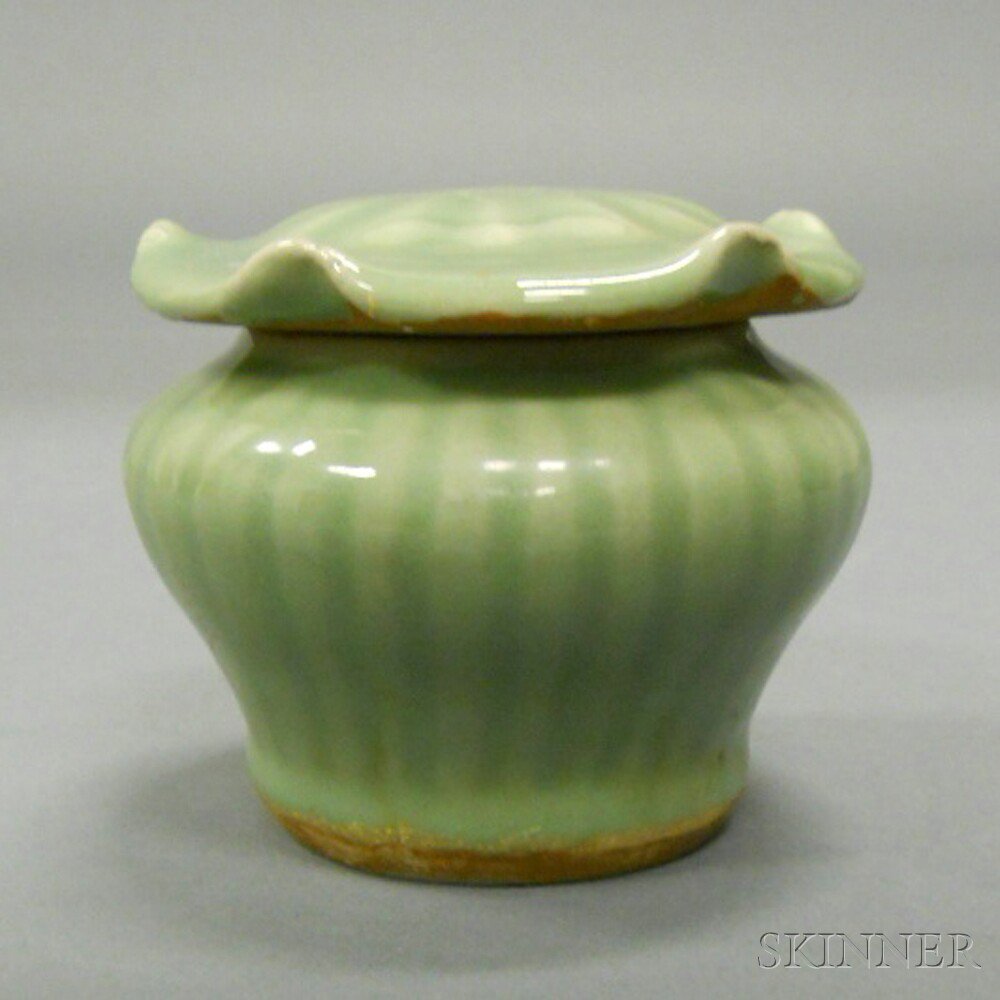 Appraisal: Export Celadon Ribbed Jar with Cover China compressed bulbous-shape with