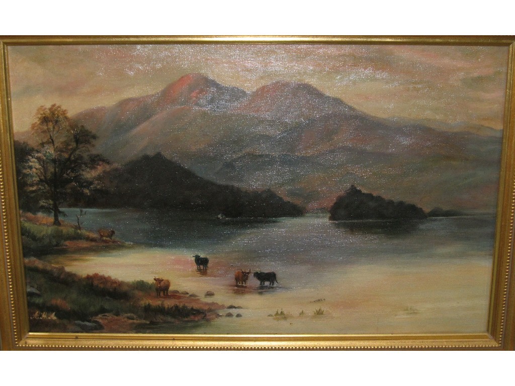 Appraisal: Oil on canvas Highland landscape with cattle monogrammed lower left