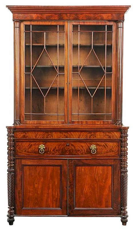 Appraisal: George IV Figured Mahogany Bookcase Cabinet British circa rich red-brown