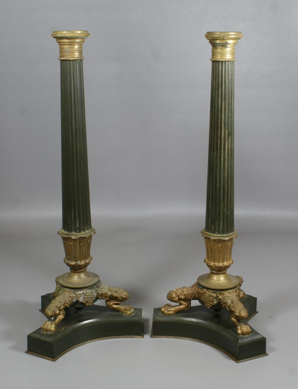 Appraisal: Pr gilt bronze French column form candlesticks tripartite base with