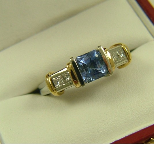 Appraisal: DIAMOND AND BLUE SAPPHIRE RING K white and yellow gold