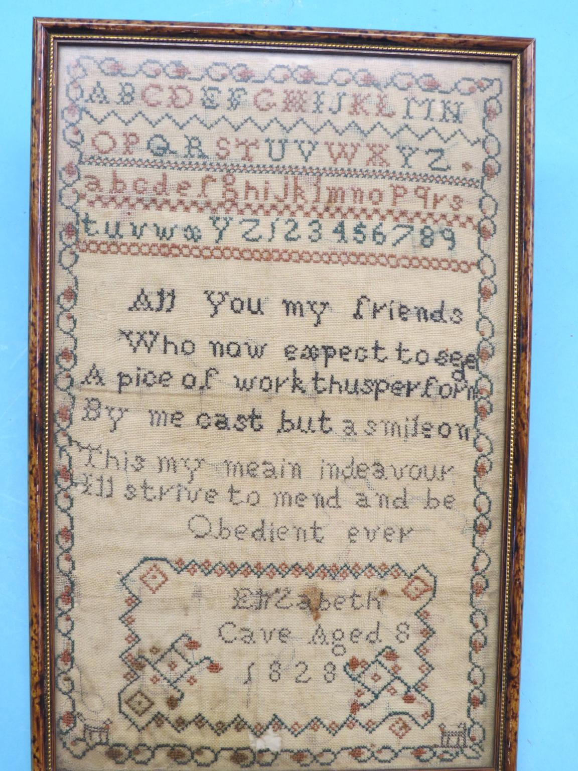 Appraisal: A George IV needlework sampler alphabet and verse Elizabeth Cave