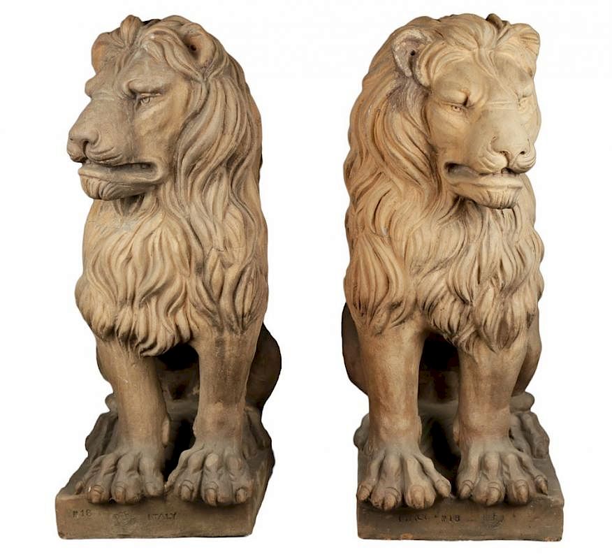 Appraisal: Pair of Italian Terracotta Lions Each seated on a squared