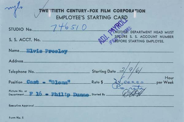 Appraisal: ELVIS PRESLEY Employee's starting card and closing notice for his