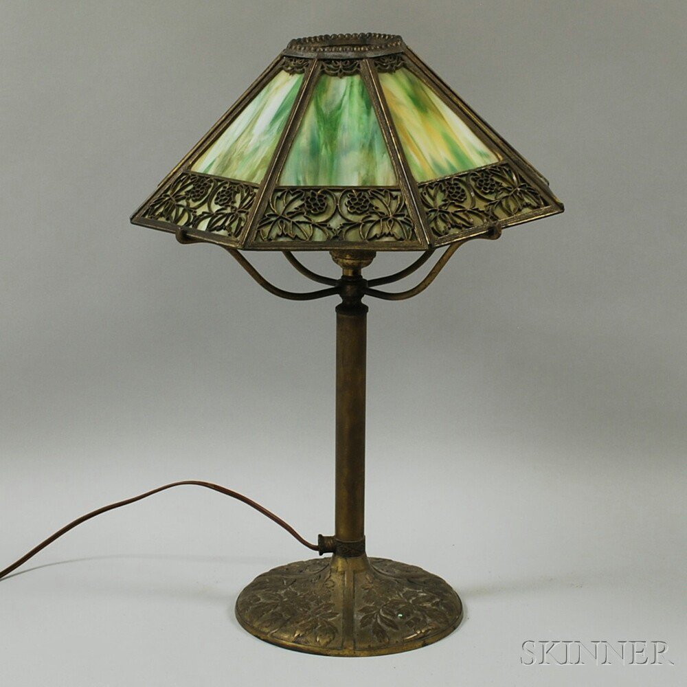 Appraisal: Bradley and Hubbard Metal Overlay and Slag Glass Table Lamp