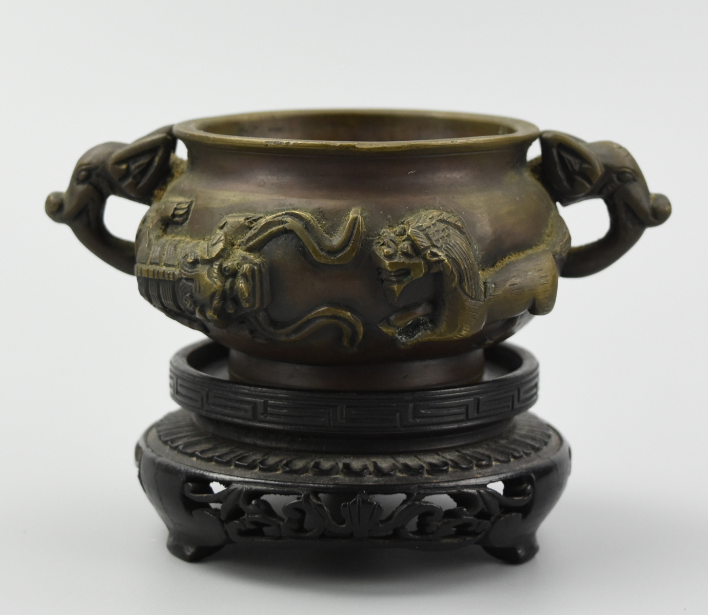 Appraisal: SMALL BRONZE CENSER W HIGH RELIEF BEASTS QING D A