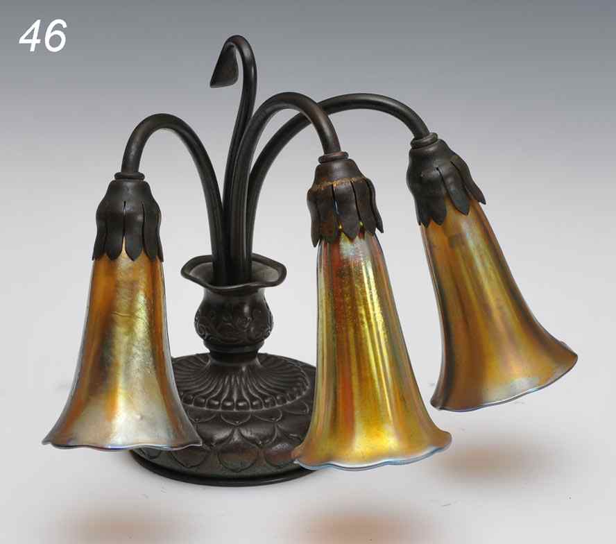 Appraisal: Tiffany Studios Three Light Lily Lamp with dark bronze patina