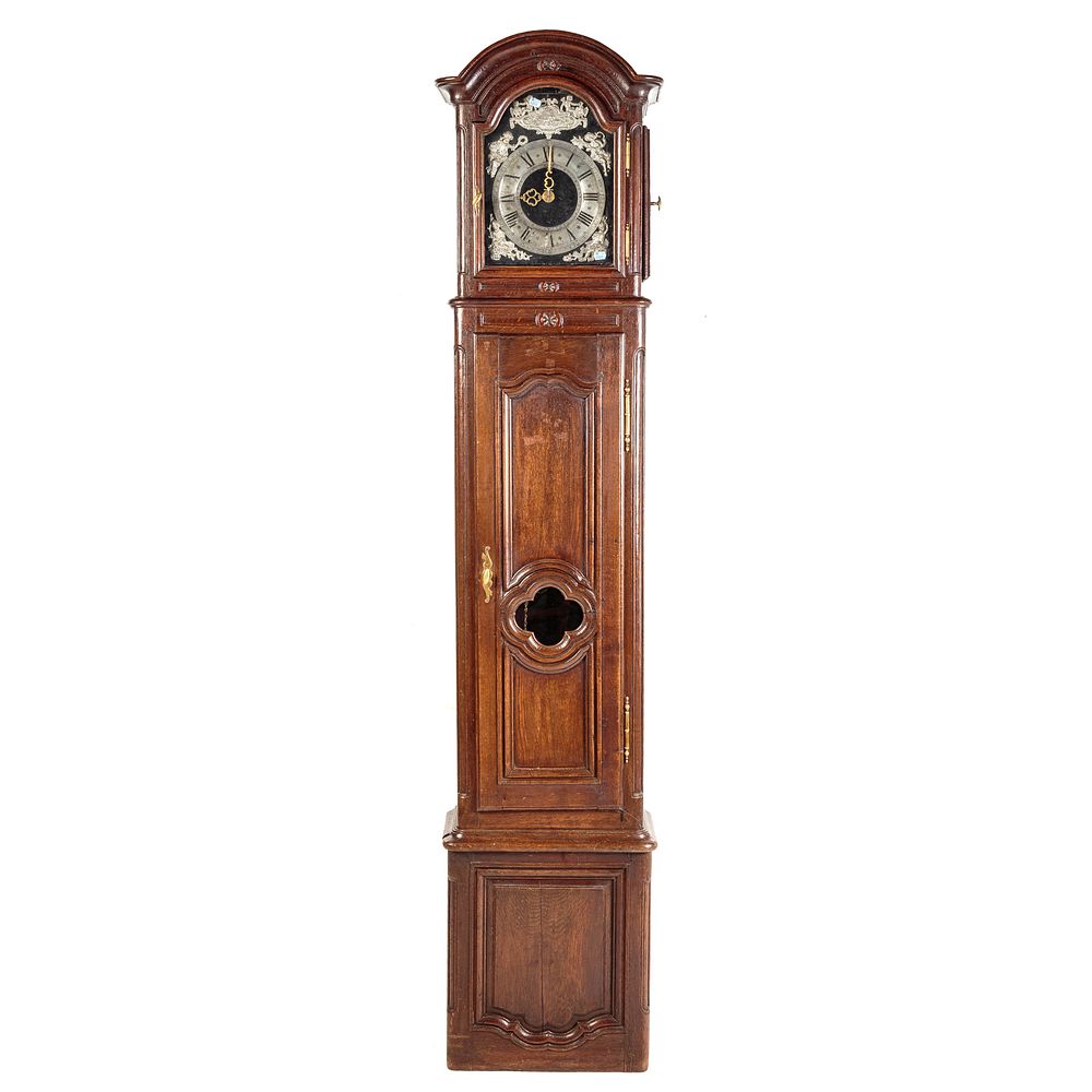 Appraisal: French Oak Tall Case Clock Dated three- part clock pewter