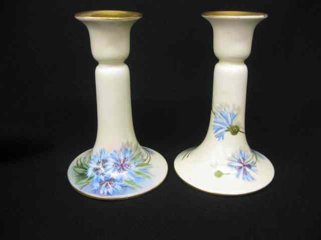 Appraisal: T V Limoges Handpainted Porcelain Candlesticks floral artist signed Mende