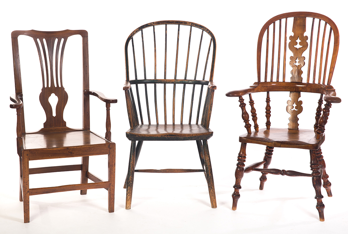 Appraisal: THREE ENGLISH ARMCHAIRS First half- th century Yew wood tavern