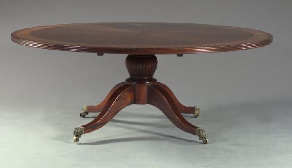 Appraisal: Regency-Style Mixed Wood-Banded and -Inlaid Mahogany Circular Dining Table the