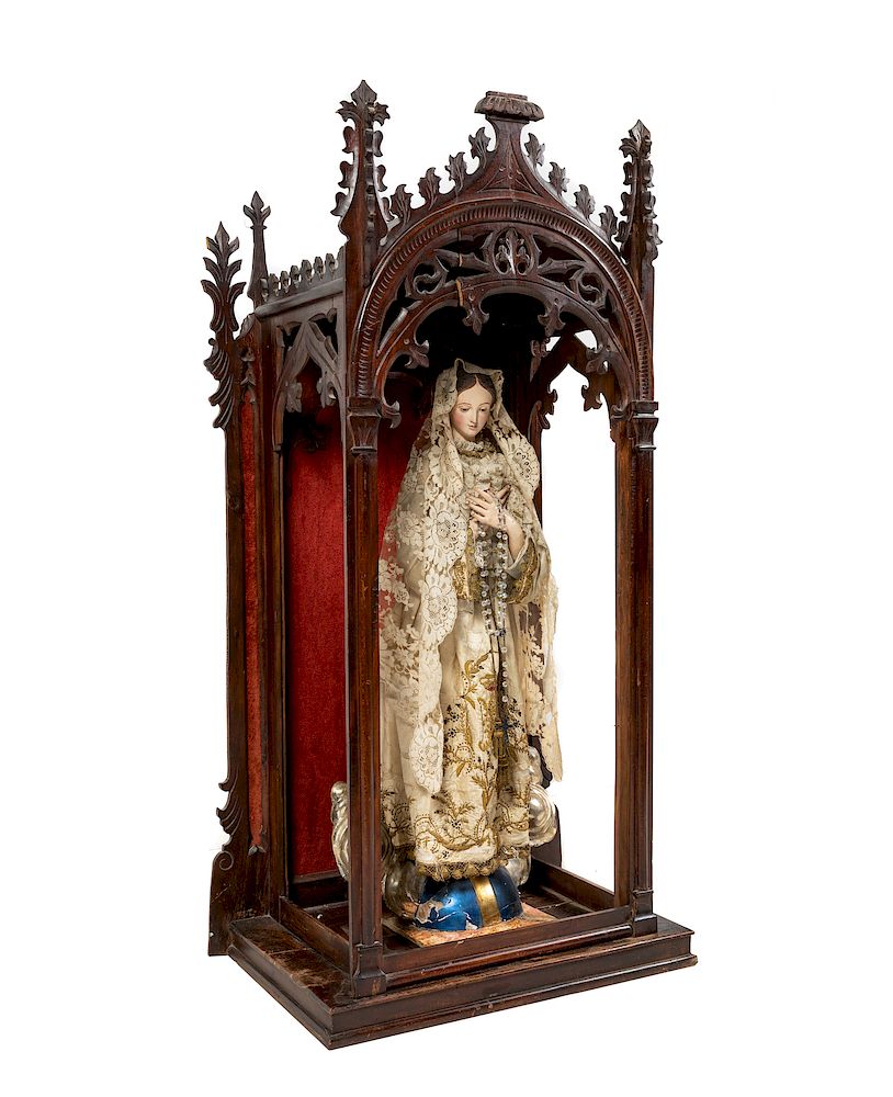 Appraisal: A Gothic Revival Mahogany Reliquary with a Continental Painted Figure