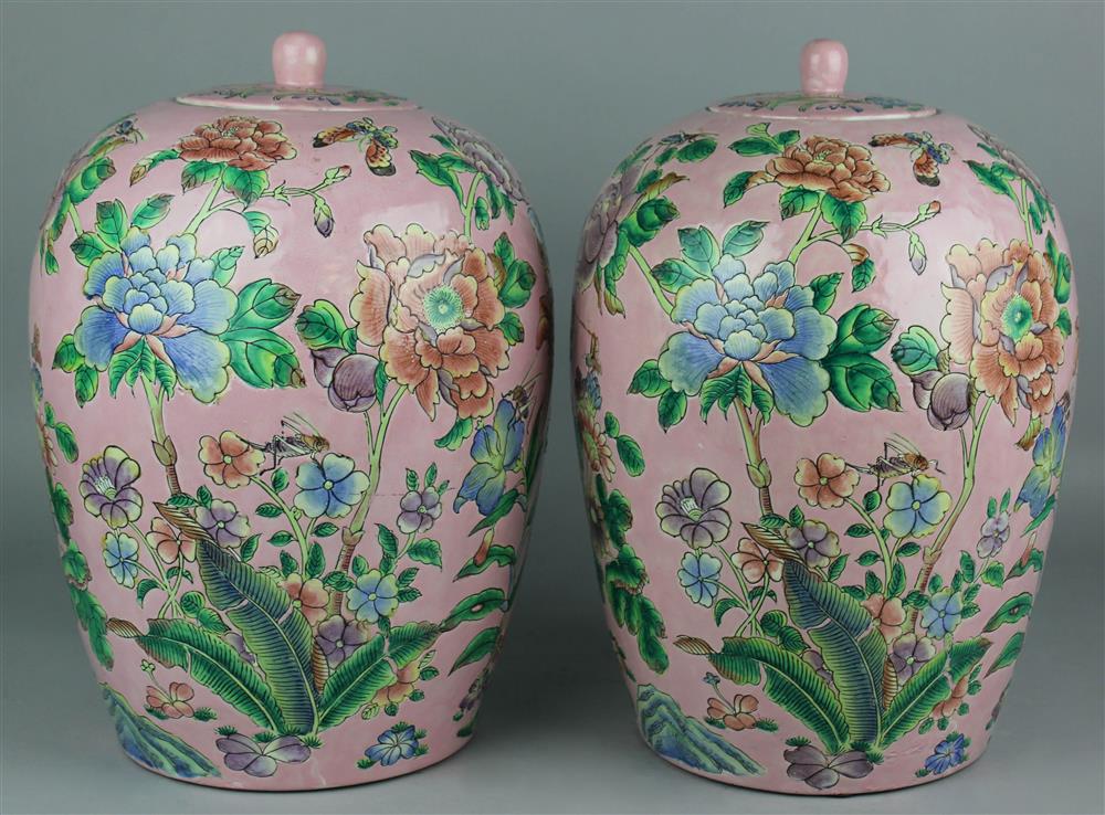 Appraisal: PAIR OF CHINESE PINK-GROUND FLORAL DECORATED JARS AND COVERS each