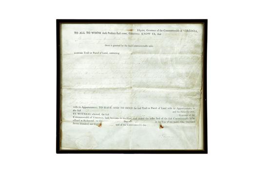 Appraisal: PATRICK HENRY LAND GRANT Partially printed grant to Benjamin Wilson