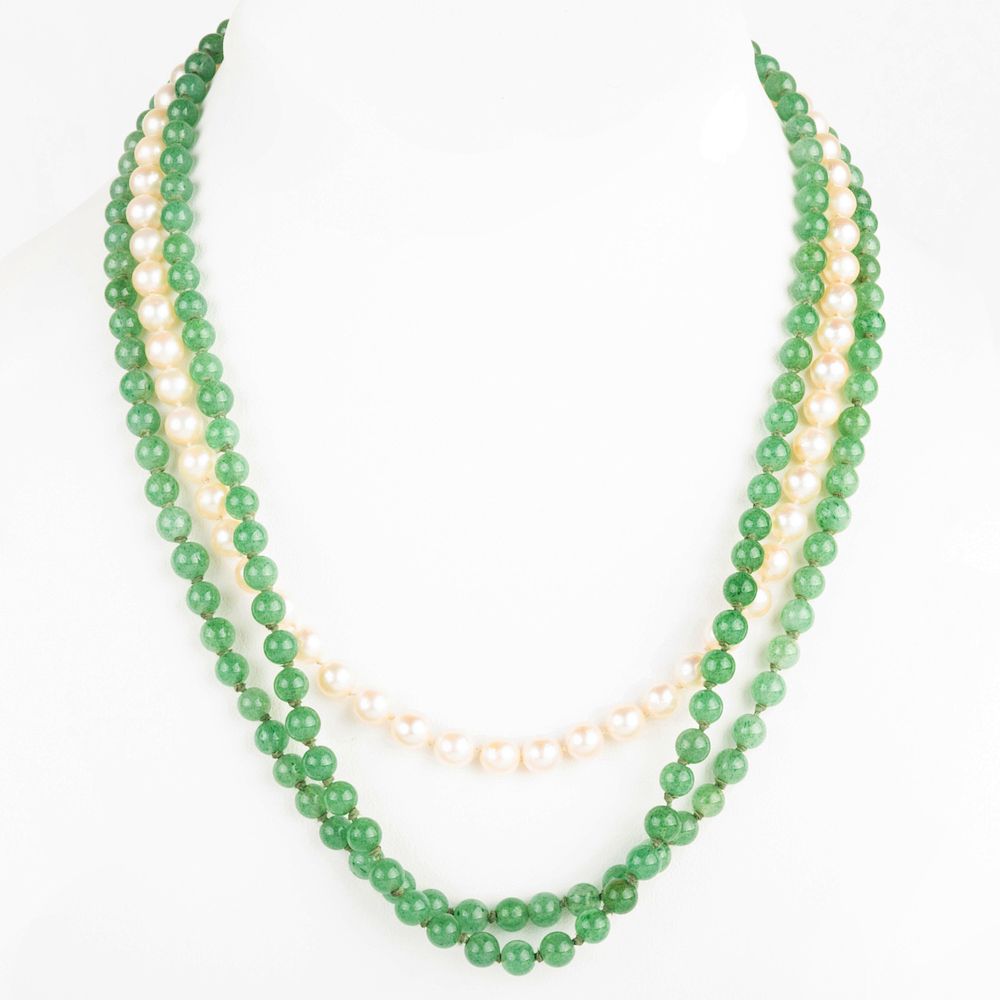 Appraisal: Nephrite Bead and Cultured Pearl Necklace With k gold clasp