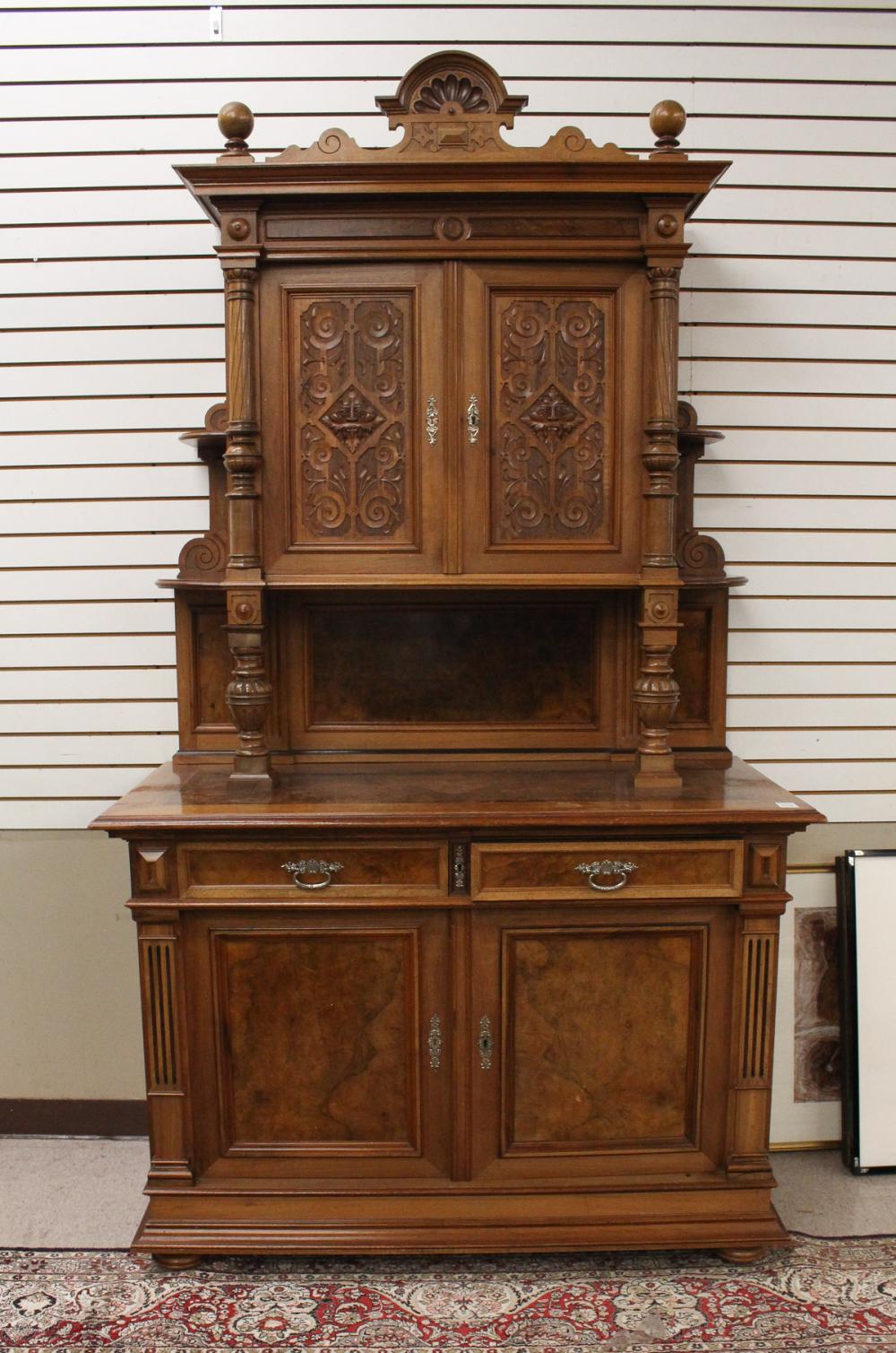 Appraisal: CARVED WALNUT AND BURL WALNUT SIDEBOARD Renaissance Revival style German